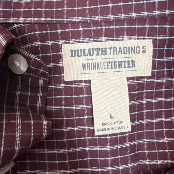 Duluth Trading Shirt Mens Large Wrinkle Fighter Check Plaid Button Down Burgundy - Picture 8 of 10